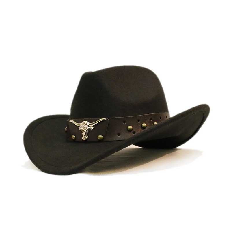 Retro Cow Head Rivet Belt Neutral Womens/Childrens Wool Wide Brown Sun Cowboy Western Cowboy Hat C 54-57-61cm W241225