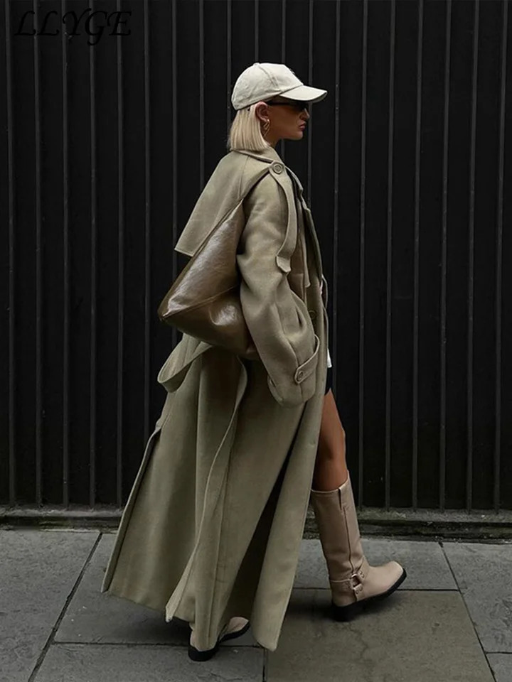 Elegant Womens Woolen Overcoat With Belt Street Lapel Double Breasted Full Sleeve Long Coat 2024 Autumn Lady Loose Outwear 241225
