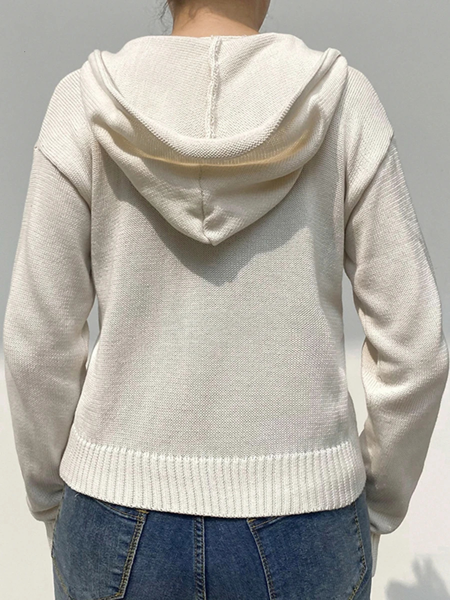 Womens Vintage Knitted Zip Up Cropped Hoodie y2k Oversized Long Sleeve Drawstring Sweatshirt Solid Color Cardigan Streetwear 241223