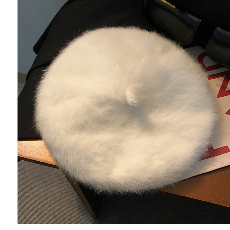 Winter Sweet and Cute Cat Paw Decoration White Rabbit Fur Beret Outdoor Street Trend Warm Plush Painter Hat for Womens 241226