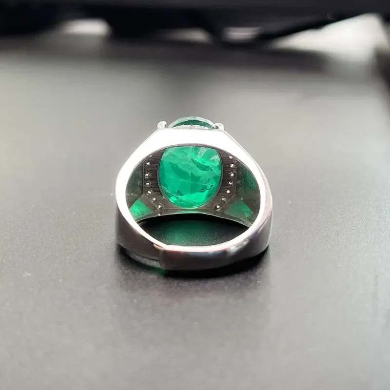 925 Silver Gemstone Men Ring 12mm*16mm Man Made Colombia Emerald color crystal Ring for Men 3 Layers Gold Plated Male Jewelry 241225