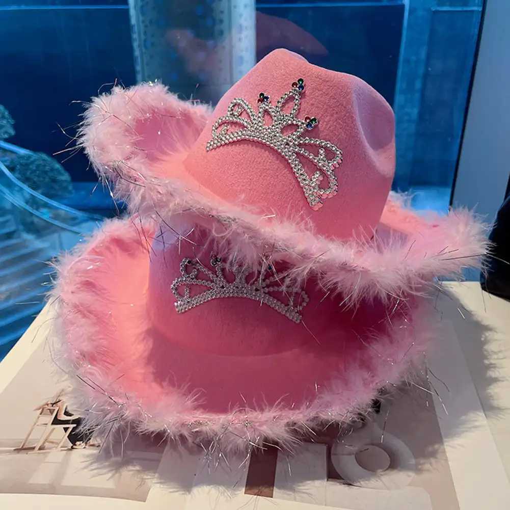 Pink Headpiece Western Cowboy Hat Set Womens Girls Curly Hair Fedora Cs Feather Edge Beach Cowboy Hat Shining Western Party C W241225