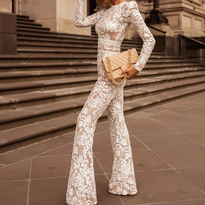 Fashion Women O Neck Lace Slim Jumpsuits Spring Summer Floral Embroidery Long Sleeved Playsuit Sexy Bodycon High Waist Rompers 241225