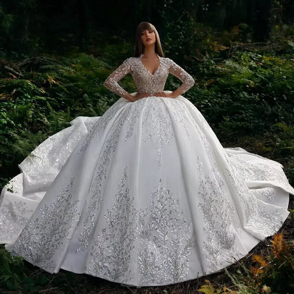 Crystals Appliques Long Sleeves Wedding Dresses A Line Sexy Ball Gowns Bride Gowns Elegant Formal Beach Bridal Party Woman's Vestidos