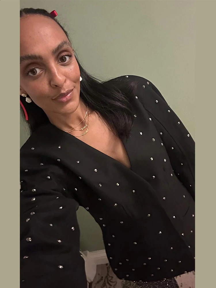 Elegant Rhinestone Hidden Buckle Women Jacket Loose Solid Long Sleeve V Neck Female Coat 2025 Spring Black Lady Casual Outwear 241223