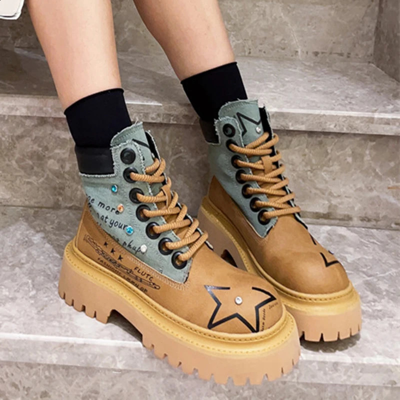 Women Patchwork Boots Lace Up Personalized Vintage Chunky Motorcycle Boots Punk Platform Casual Comfortable Female Boots 241226