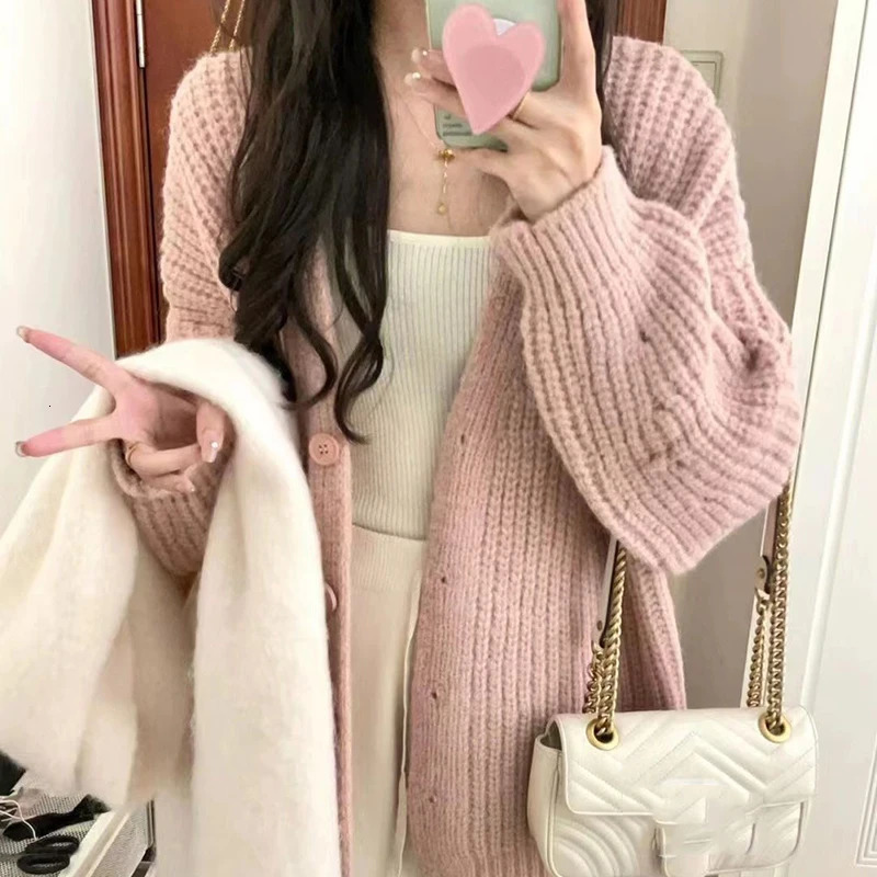 Rimocy Sweet Pink Knitted Cardigan Sweater Women Korean Long Sleeve V Neck Cardogans Woman Wild Button Up Jumper Coat Female 241225
