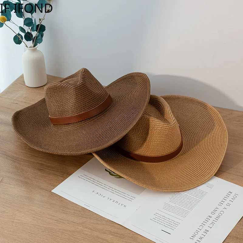 New Design Natural Per Western Cowboy Hat 13CM Wide Brim Womens Summer Beach Hat Panama Cowboy Girl Jazz Sun Hat W241225