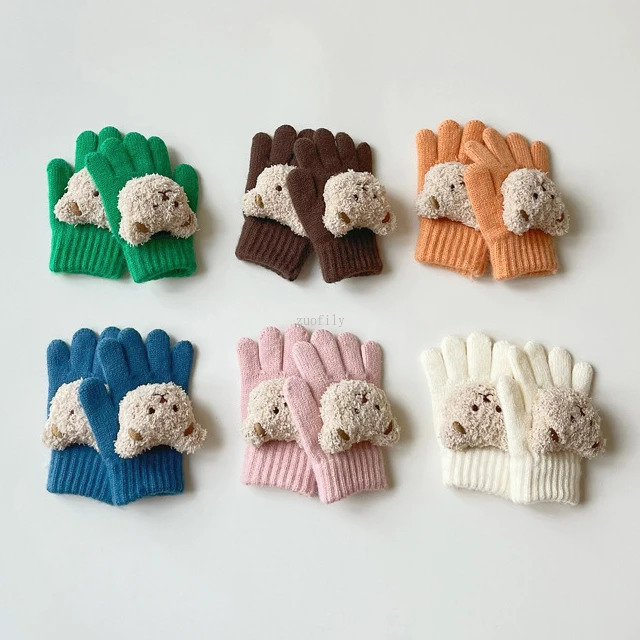37Y Baby Cartoon Bear Mittens Winter Warm Kids Girl Solid Doll Gloves Knitted Children Toddler Thick Teething Mitten Handschoen 241225