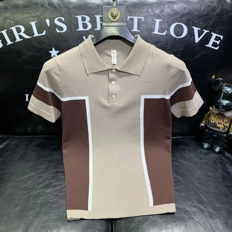 Summer Mens Colorblock Ice Silk Striped Short-sleeved Polo Shirt Mens High-end Slim-fit Summer Thin T-shirt 241224