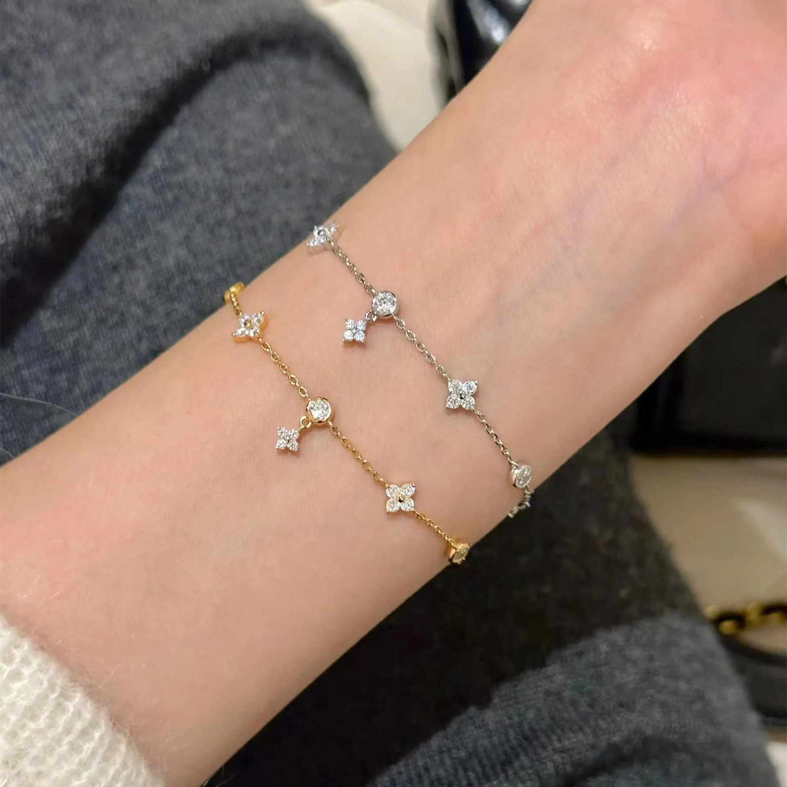 100% Jewelry Bracelet 925 Sterling Silver Four-Leaf Flower Adjustable Chain Bracelet Womens Halloween Gift 241220