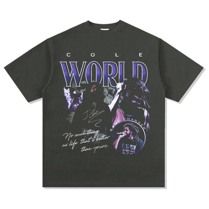 Hip hop J Cole printed short sleeved T-shirt Vintage washed pure cotton round neck hooded sweatshirt