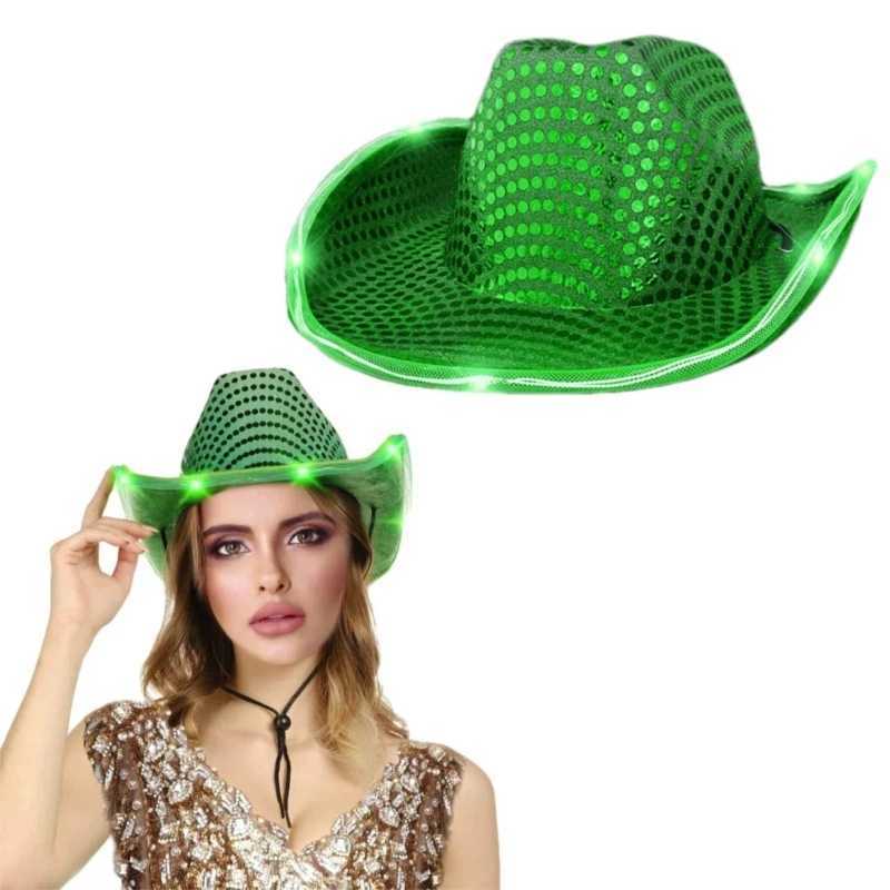 Womens glowing green sequin denim hat wide Brim bride LED lit Brim hat W241225