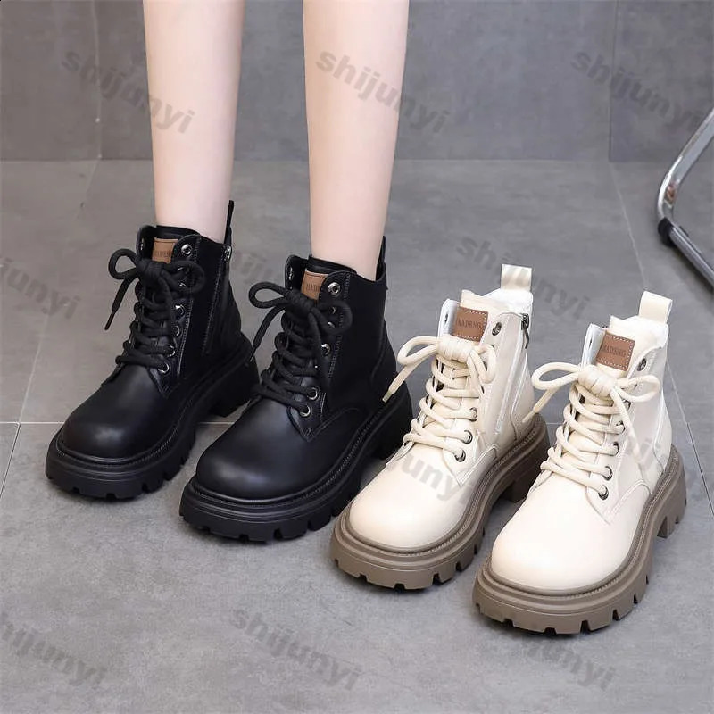 Women Ankle Boots Soft Leather Anti Slip Thick Soled Short Boots2025 Winter British Lace Up Comfort Platform Fashion Boots 241226