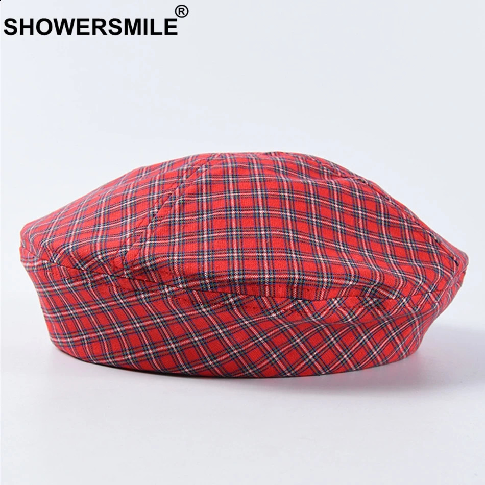 SHOWERSMILE Women Green Beret Checkered Cap Summer Style Vintage Artist Hat Famale Plaid Cotton Beret Hat Painter Cap Yellow Red 241226