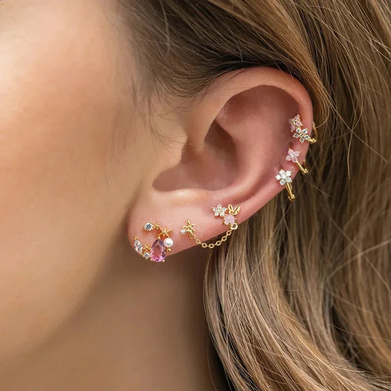 Exquisite Gold Color Flower Stud Chain Earrings Set for Women Cute Zircon Piercing Hoop Earring Fashion Korean Jewelry Wholesale 241226