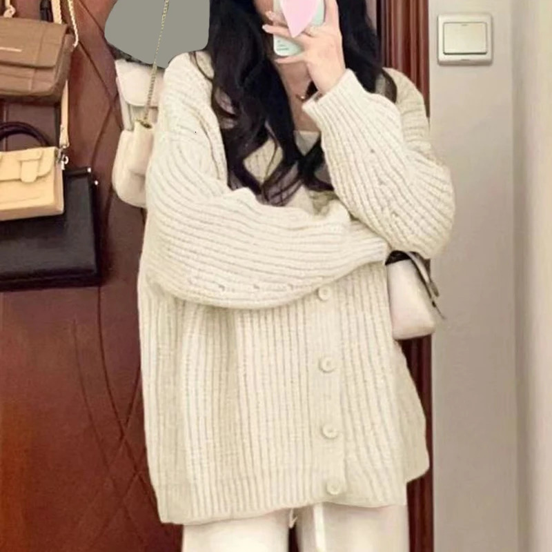 Rimocy Sweet Pink Knitted Cardigan Sweater Women Korean Long Sleeve V Neck Cardogans Woman Wild Button Up Jumper Coat Female 241225