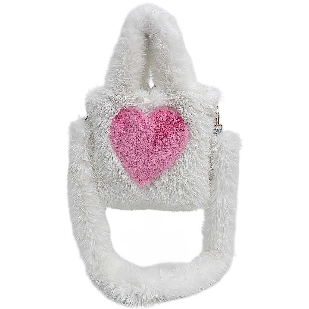 Hairy Bag Women's Heart Pattern Large Capacity Plush Tote Bag Internet Celebrity Casual Shoulder Bag 241215