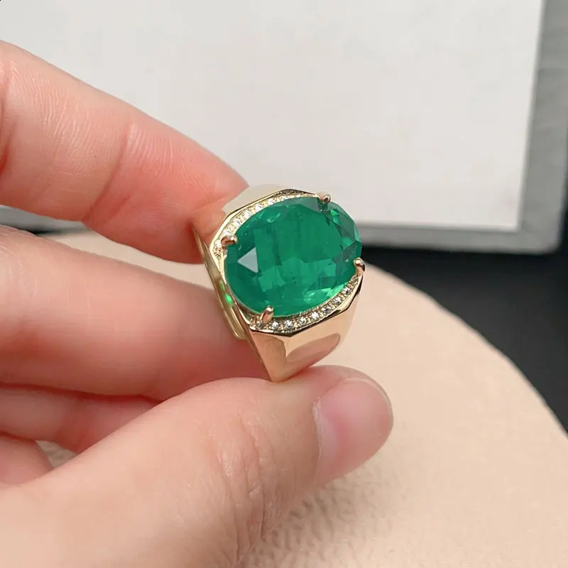 925 Silver Gemstone Men Ring 12mm*16mm Man Made Colombia Emerald color crystal Ring for Men 3 Layers Gold Plated Male Jewelry 241225