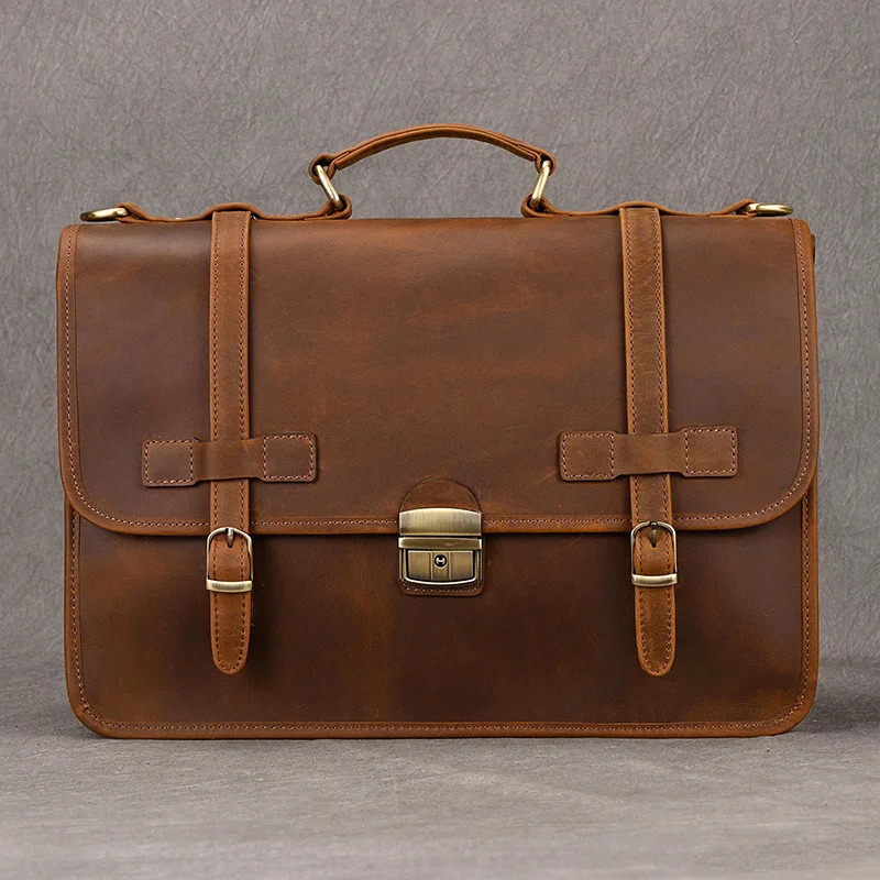 Vintage Genuine Leather Business Briefcase for Men Top-Grain Cowhide Shoulder Crossbody Messenger Bag 241225