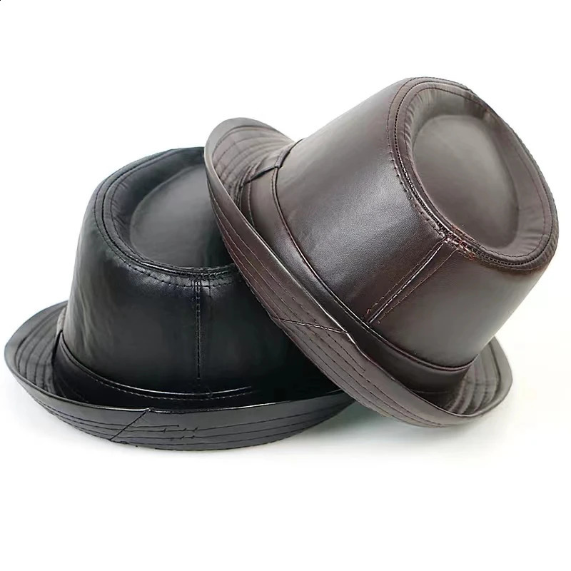Men Black Leather Trilby Hat Male Fedora Cap Retro Women Autumn Porkpie Hat Mens Vintage Jazz Hat 241226