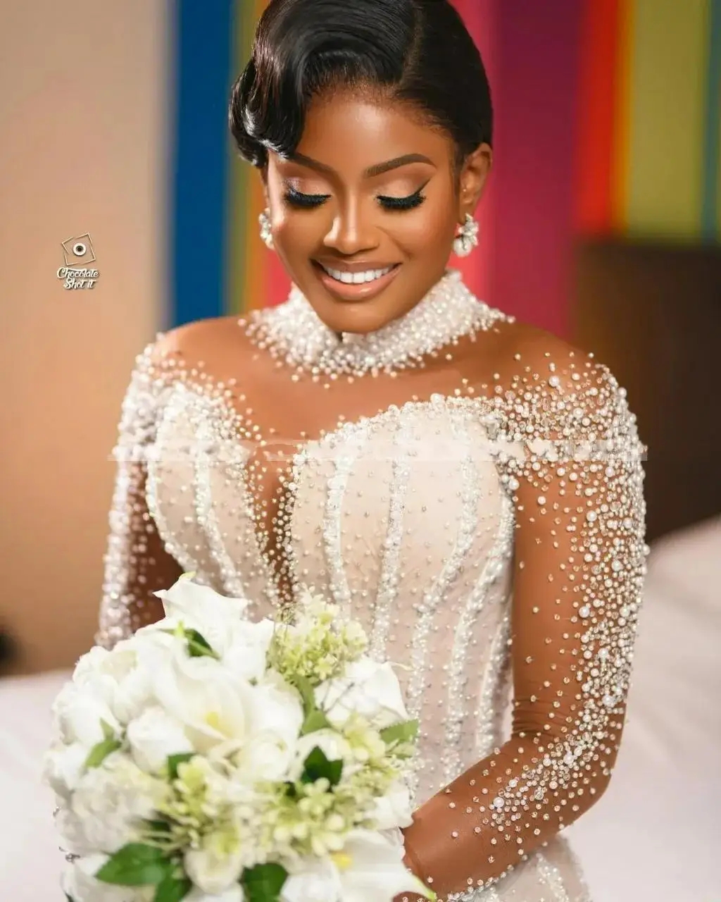 Mermaid African Wedding Dresses For Bride Long Sleeves High Neck Heavy Pearls Bead Crystal Bridal Gown Arabic Dubai Vestidos De Noiva