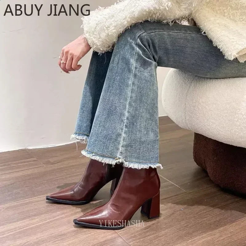 Back Zipper Short Womens Shoes Vintage Brown Pointed Toe High Heeled Boots Women Boots Heels Women Ankle Boots for Women 241226