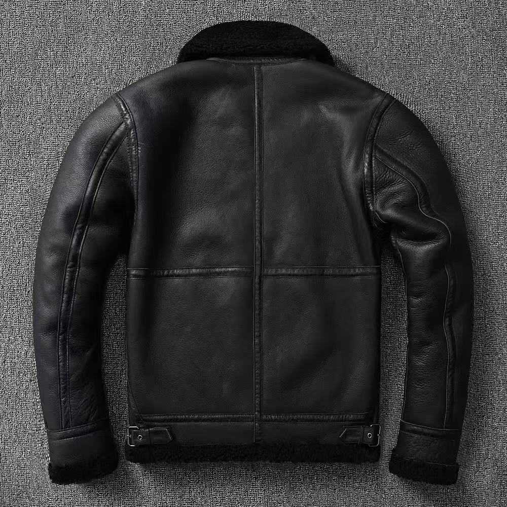 Mens Genuine Leather Pilot Jacket, B3 Bomber, Sheepskin Wool, Winter Warmth, Rock Style