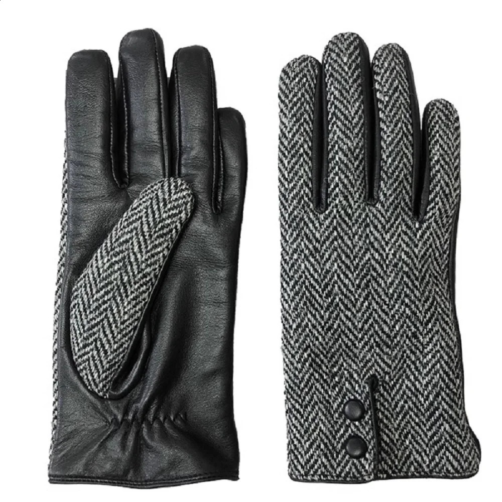Autumn and Winter Thickened Warm Gloves Couple Harris Tweed Wool Leather Touch Screen Gloves Cycling gloves 241226