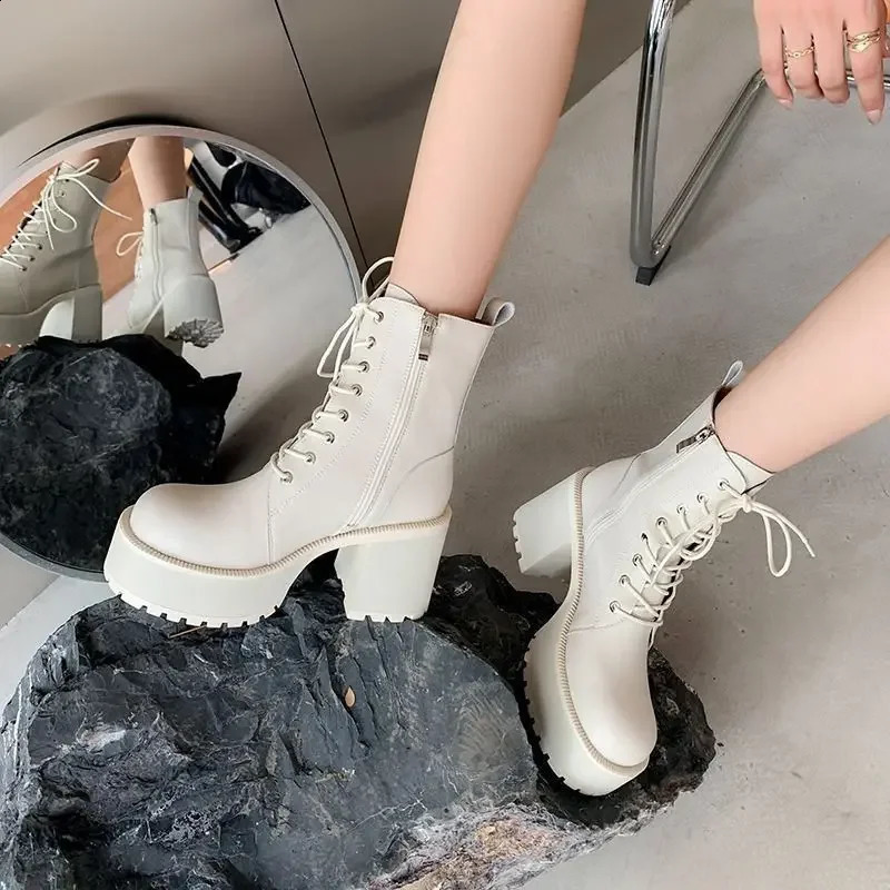 Womens Martin Boots High Heel Waterproof Platform Thick Base Medium Short Boots Petite Soft Leather 241226