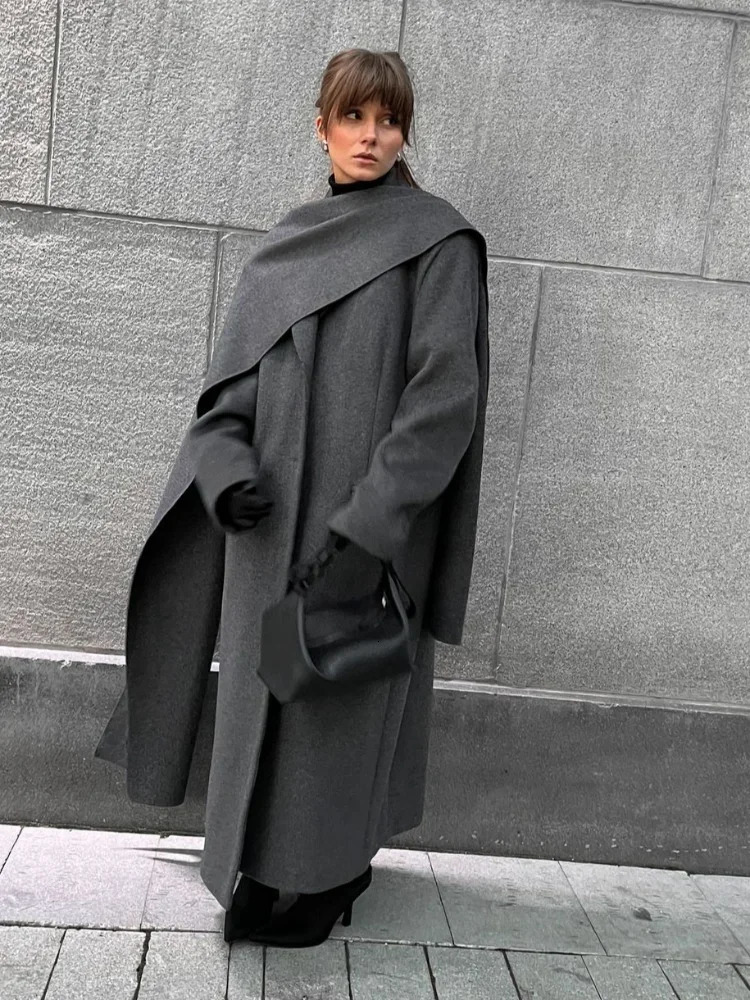 Elegant Vintage Woolen Overcoat For Women Single Breasted Scarf Loose Jacket Pocket Casual Coat 2024 Autumn Lady Outerwear 241225