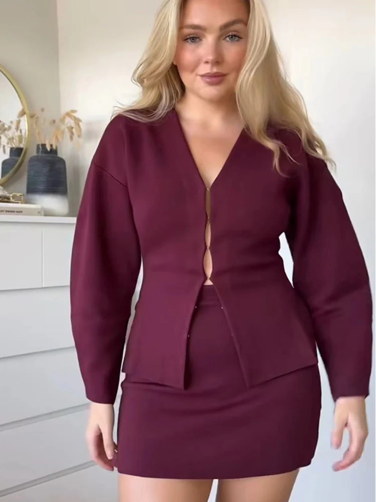 TRAF Autumn Skirt Set Woman Knitted Cardigan 2024 V Neck Loose Sweater Stretch Skirts Winter Office Lady 241220