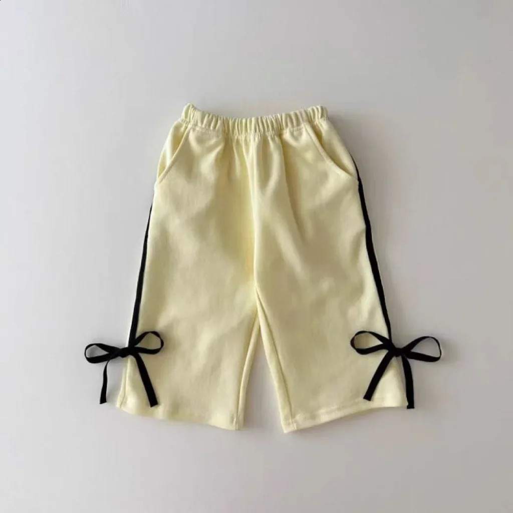 4295 Baby Clothing Set Autumn Korean Sports Girls Suit Bow Bar Splicing Sweater Pant Twopiece 241225