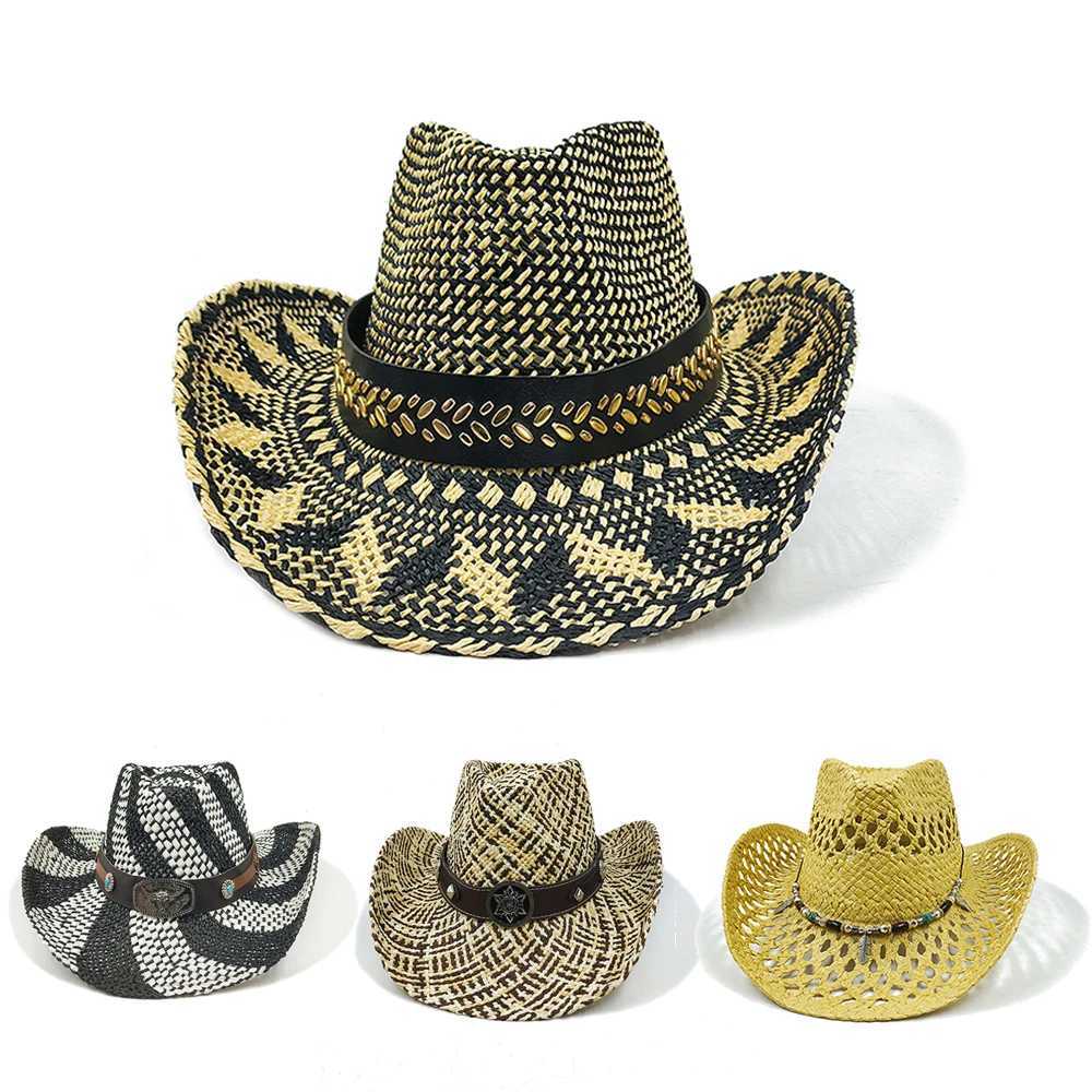Summer Outdoor Mens and Womens Hand Woven Western Cowboy Each Hat Wide Brown Breathable Beach Multi Color C 2024 New Edition W241225