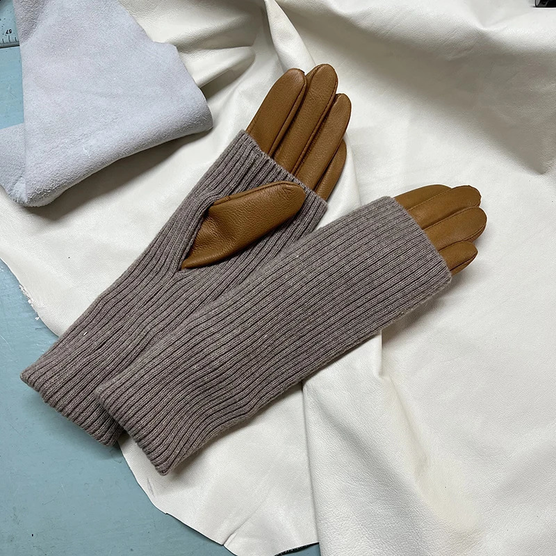 Leather Gloves Warm Knitted Panels Sheepskin Gloves Ladys Autumn Winter Single Leather Gloves Knitted Sleeves Light Brown 241226