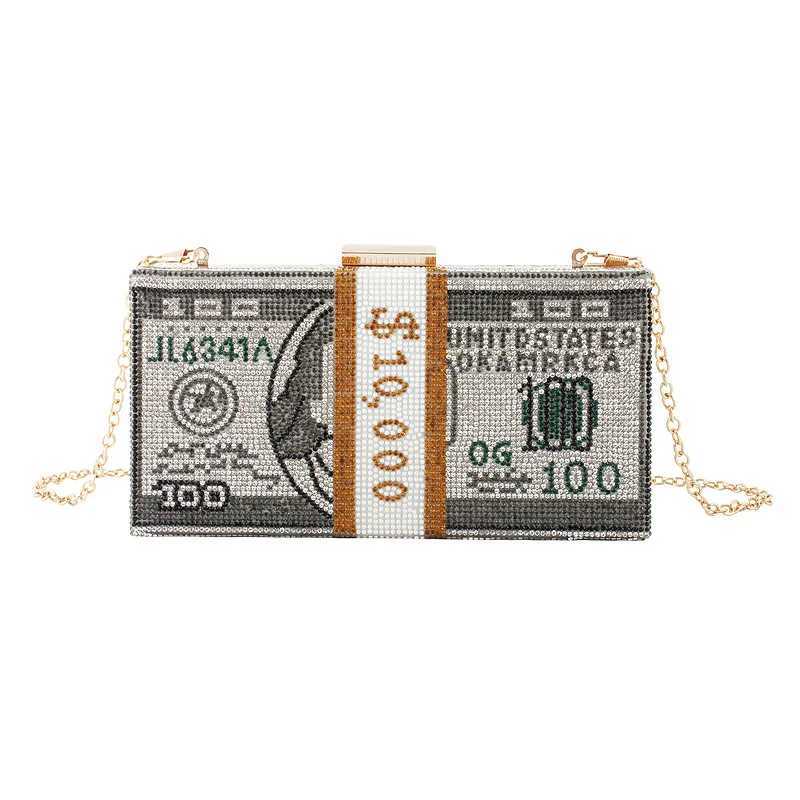 High Quality Luxury rhinestone pearl chain evening bag womens clutch wallet small square box dollar pattern casual shoulder messenger bag T241225