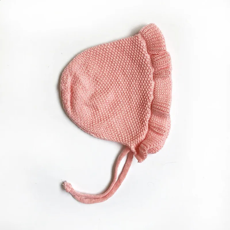 Spring Ear Protection Baby Hat Crochet Knitted Infant Girls Cap Beanie Toddler Lacing Caps Solid Color Ruffle Bonnet 02Years 241225