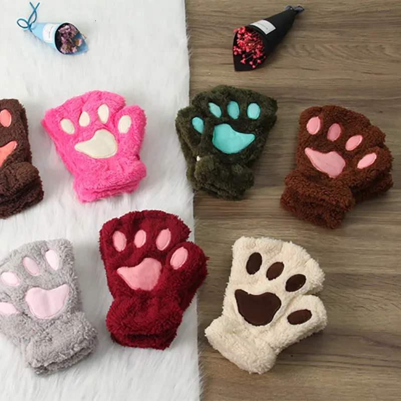 1 Pair Kawaii Cartoon Kids Boy Girl Glove Sweet Animal Cat Paw Halffinger for Children Autumn Winter Warm Thicken 241225