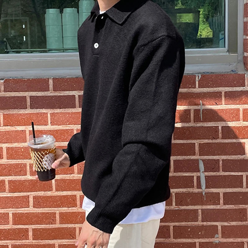 Casual Solid Color Knitted Polo Shirts Mens Spring Stylish Buttoned Polo Collar Sweaters Men Vintage Knitting Jumper Tops 241224
