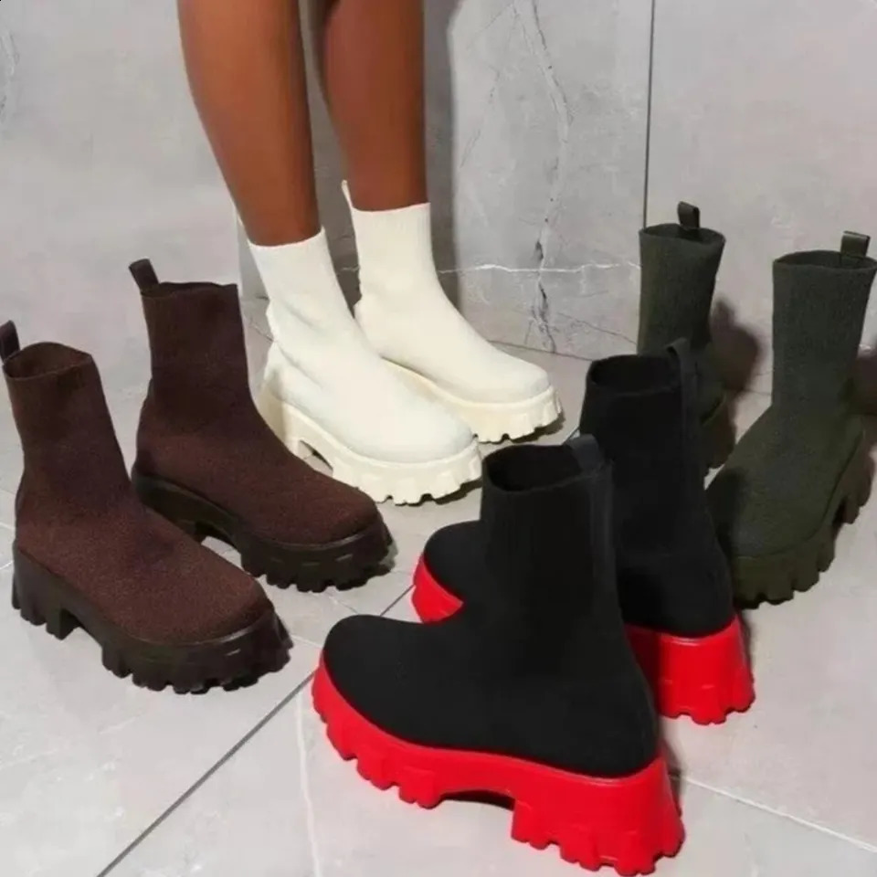 Autumn Winter Couple Shoes Women Thick-Soled Casual Large Size Red Knitted Short Boots Fashion Women Boots Size 36-41 241226