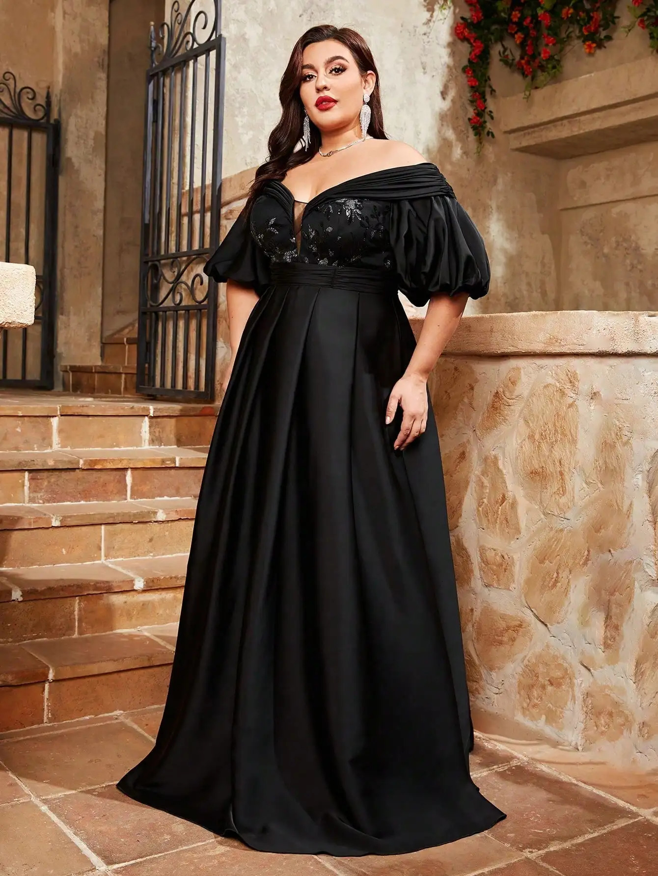 Mgiacy plus size Line neck puffy sleeve satin spliced sequin retraction long skirt Evening gown PROM dress Party dress 241225