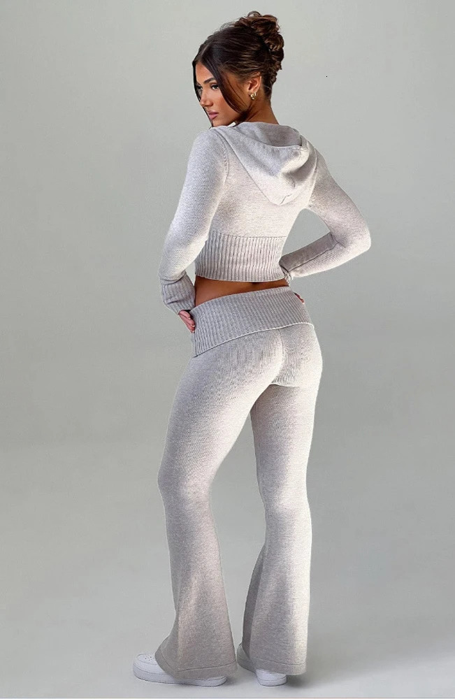 Fitted Knit Hooded Zip Jacket and Flared Pants Set Outfit Women Autumn Loungewear Sexy Elegant Pink 2 Two Piece Lounge Sets 241225