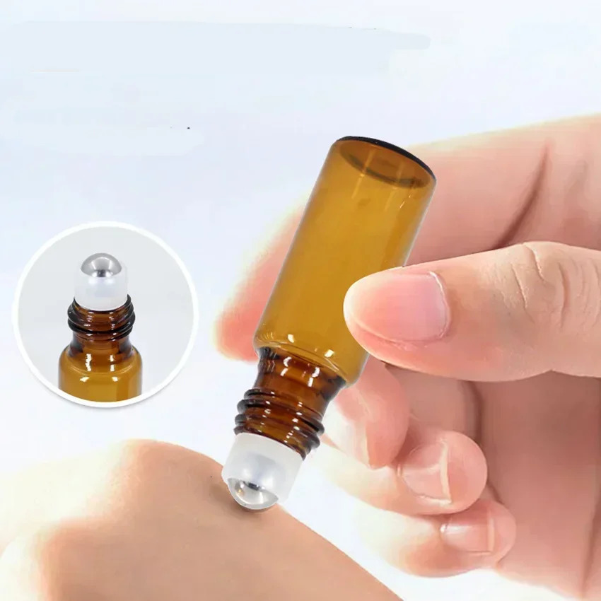 50/100 PCS 5/10ML Amber Roller Ball Essential Glass Oil Bottle Empty Perfume Roller Ball Refillable Liquid Container Makeup Tool 241225