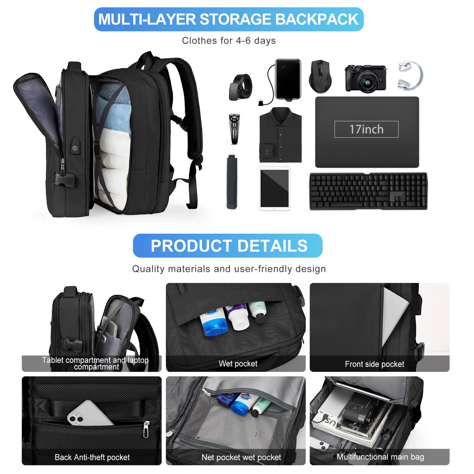 Likros Men Backpack Business Travel Backpack Carry on Waterproof Expandable Backpacks Large Capacity Weekend Traveler Laptop Bag 241225