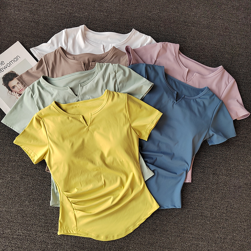 Women's Sports Shirts Yoga Short-Sleeved T-Shirt Padded Tight Training Breathable Quick-Dry Running T-Shirt Fiess Top