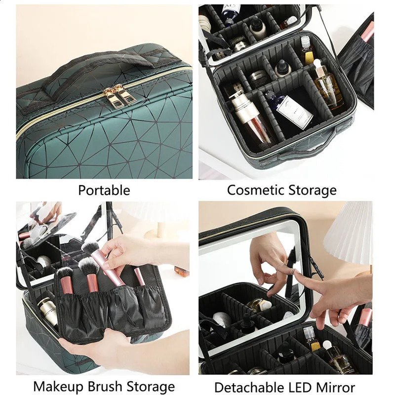 Travel Makeup Bag With Mirror LED Lighted Adjustable Dividers Cosmetic Case Portable Artist Beauty Nail Tool Makeup Case Female 241226