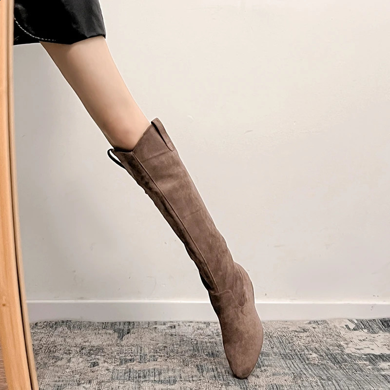 2025 Suede Women Knee High Boots Fashion Slip On Flats Shoes Ladies Concise Slim Long Botas De Mujer 241226