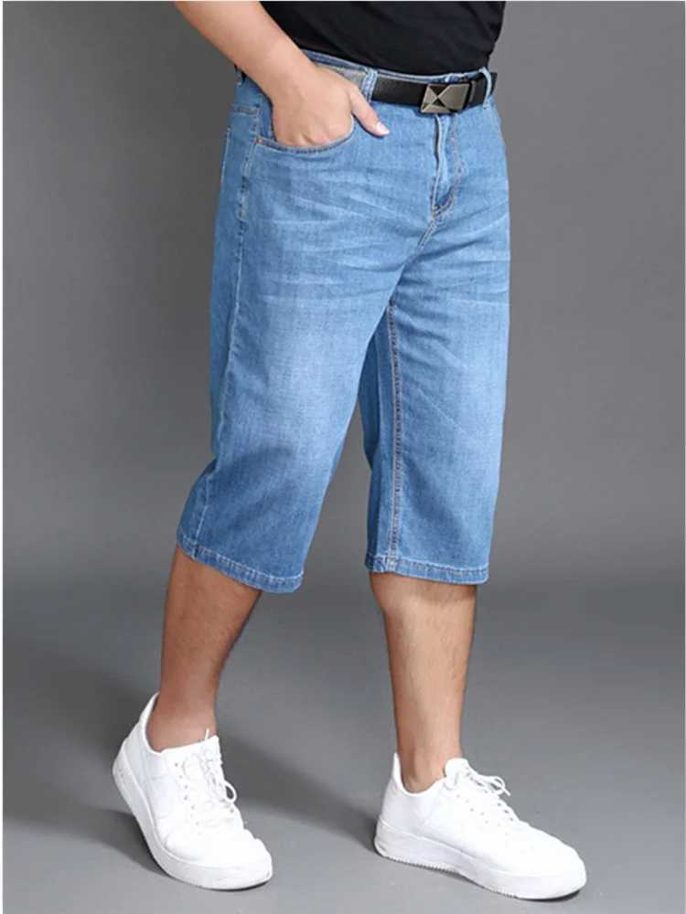 Summer short leg calf length Trouser Plus size 48 42 mens denim stretch thin jeans ultra-fine classic straight pants W241226