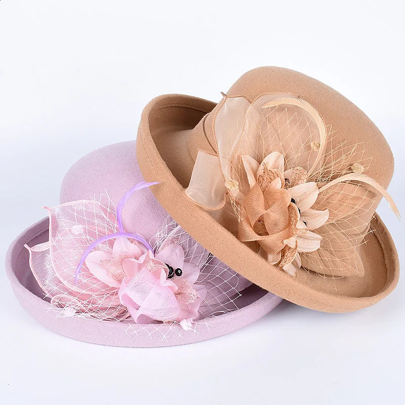 Elegant Womens Hats Fashion Winter Bowler Fedora ladies Wool Round Hat Autumn Vintage Party Fedoras Church Felt Top Hat 241226
