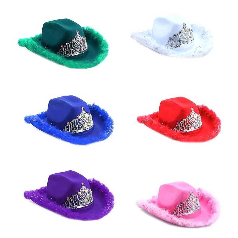 Shiny Tinsel Decorative Womens Cowboy Hat Breathable Cowboy Hat with Feather Curled Brim Felt C Direct Shipping W241225